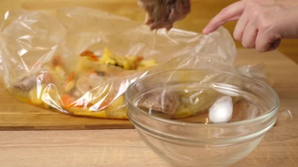 Put Baked Chicken Bag Sleeve Plate Slow Motion — Stock Video