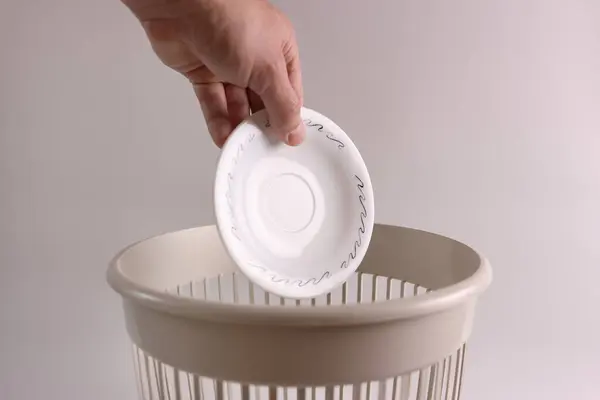 Plastik bir tabak geri dönüşüm için çöpe atılır.
