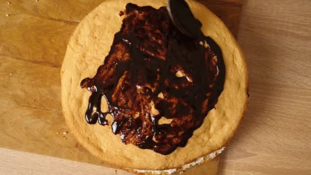 Διακόσμηση Κέικ Σοκολάτας Μαγειρεύω Μια Εορταστική Πίτα Στο Σπίτι Αργή — Αρχείο Βίντεο