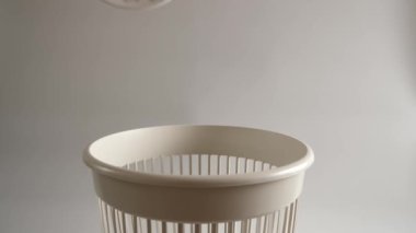 Plastik bir tabak geri dönüşüm için çöpe atılır. Yavaş çekim.