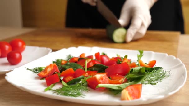 Pepino Corta Para Salada Vegetal Preparação Salada Vegetal — Vídeo de Stock