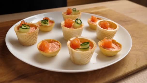 Waffle Baskets Pate Add Salmon Cucumber Preparation Fish Canaps — Stock Video