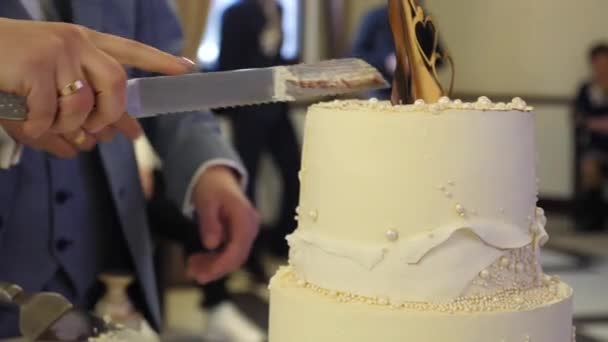 花嫁とグロムは お祝いのウェディングケーキをカットしました 結婚式の伝統 — ストック動画