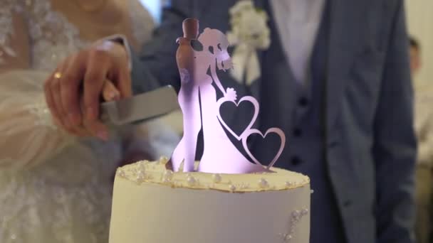 Gli Sposi Tagliarono Torta Nuziale Festiva Tradizioni Matrimoniali Rallentatore — Video Stock