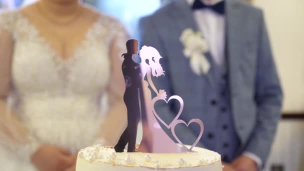 Noiva Noivo Cortaram Bolo Casamento Festivo Tradições Casamento Movimento Lento — Vídeo de Stock