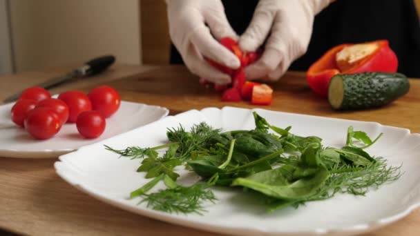 赤唐辛子は野菜サラダに加えられています 野菜サラダの準備 スローモーション — ストック動画