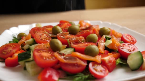 Especiarias Acrescentam Salada Vegetal Preparação Salada Vegetal Movimento Lento — Vídeo de Stock
