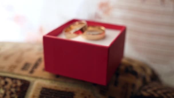 Anéis Casamento Ouro Uma Caixa Vermelha Cerimônia Casamento Movimento Lento — Vídeo de Stock