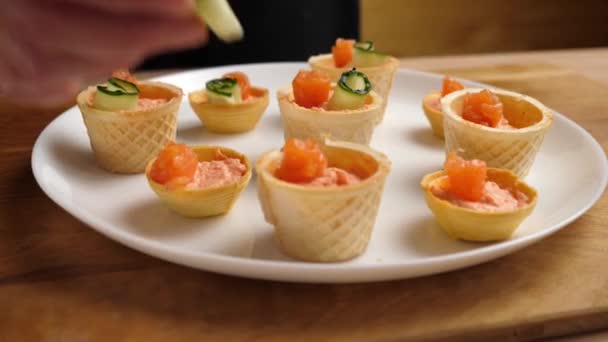 Waffle Baskets Pate Add Salmon Cucumber Preparation Fish Canaps — Stock Video