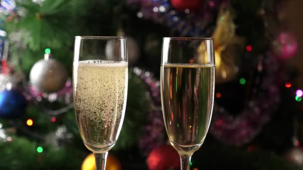 Background Christmas Trees Twinkling Garlands Fill Champagne Glasses Slow Motion — Stock Video