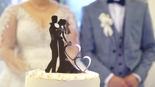 신부와 신랑은 케이크를 잘랐습니다 결혼식 전통이요 슬로우 — 비디오