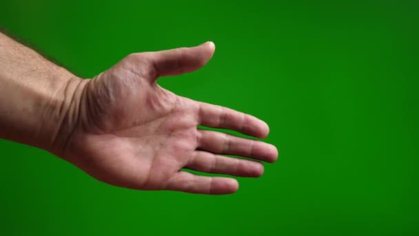 Ένας Άντρας Απλώνει Χέρι Του Ένα Πράσινο Φόντο — Αρχείο Βίντεο