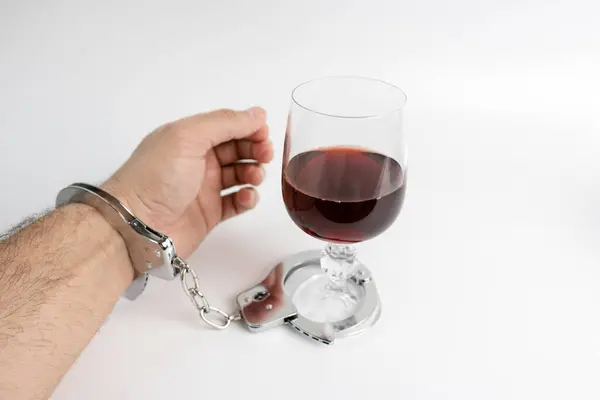 Kelepçeli bir adam bir bardak şarapla birleştirilir. Alkol bağımlılığı kavramı.