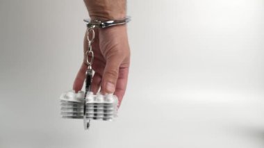 Adam ilaçla kelepçelenmiş. Uyuşturucu bağımlılığı kavramı. Yavaş çekim