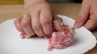 Biber ve baharatlar kıymaya ekleniyor. Kıyma yapılmış etten yemek hazırlama.