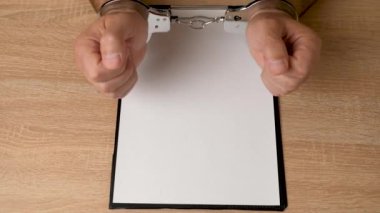 Elleri kelepçeli, tabletli, boş çarşaflı bir adam. Suç ya da bağımlılık üzerine kopyalama alanı.