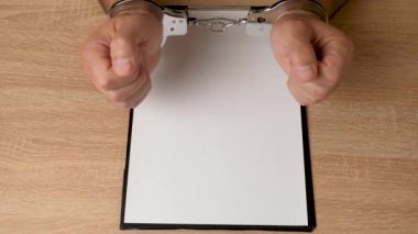 Elleri kelepçeli, tabletli, boş çarşaflı bir adam. Suç ya da bağımlılık üzerine kopyalama alanı.