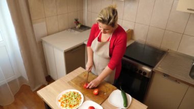 Bir kadın sebze, peynir ve zeytin salatası hazırlıyor. Ev yemekleri..