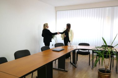 İki kadın iş konuşmak ve sözleşme imzalamak için bir ofiste buluşuyor..