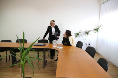 İki kadın iş konuşmak ve sözleşme imzalamak için bir ofiste buluşuyor..