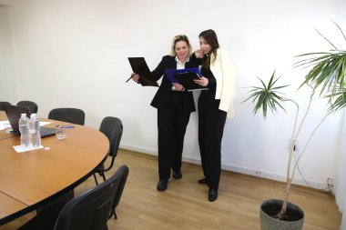 İki kadın iş konuşmak ve sözleşme imzalamak için bir ofiste buluşuyor..