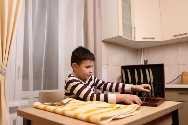 Oğlan çatal ve mutfak bıçaklarını siliyor. Ev işleri..