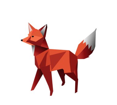 Dağlardaki tilki, kırmızı kağıt origami tarzı tilki ve noel ağaçları olan noel kartı. Kırmızı kağıt origami stili tilki ve noel ağaçlı Noel kartı. Kırmızı kağıt origami stili tilki Noel kartı