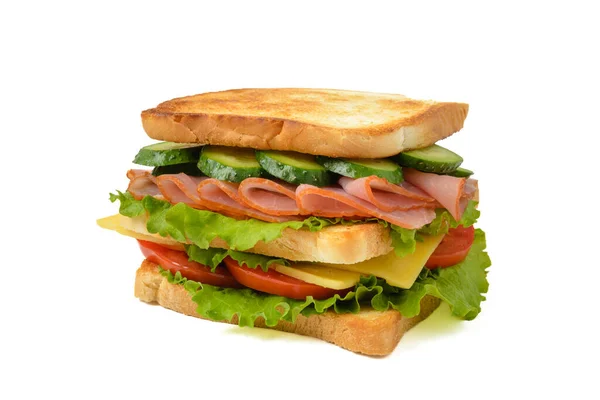 Домашній Бутерброд Шинкою Сиром Помідорами Огірком Сендвіч Ізольований Білому Тлі — стокове фото