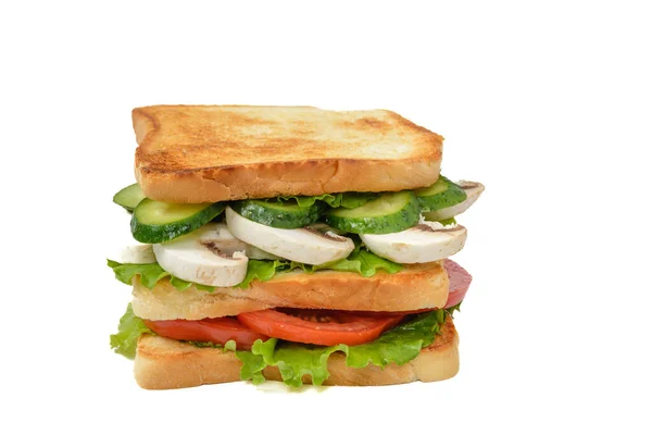 Домашній Веганський Бутерброд Грибами Помідорами Огірком Зеленим Салатом Сендвіч Ізольований — стокове фото