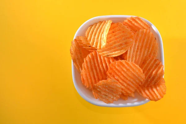 Potato Chips Bowl Yellow Bright Background — Stock Photo, Image