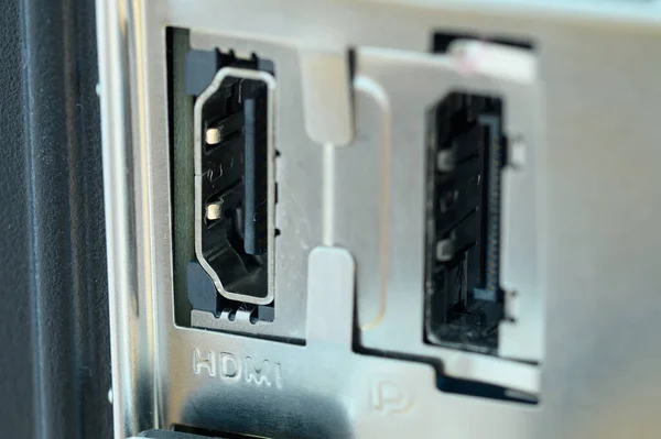 stock image hdmi port on personal computer back panel, external display connect concept