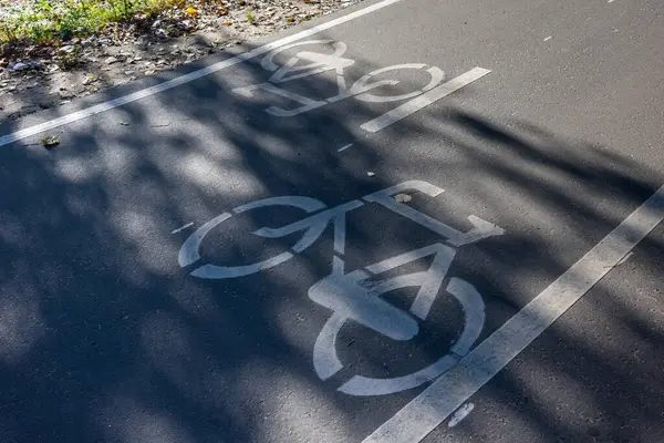 Mavi bir yayanın ve bisiklet yolu tabelasının yakın çekimi. Güneşli bir sonbahar ağacı zeminine karşı. Altından yapraklar yumuşak gölgeler bırakıyor.