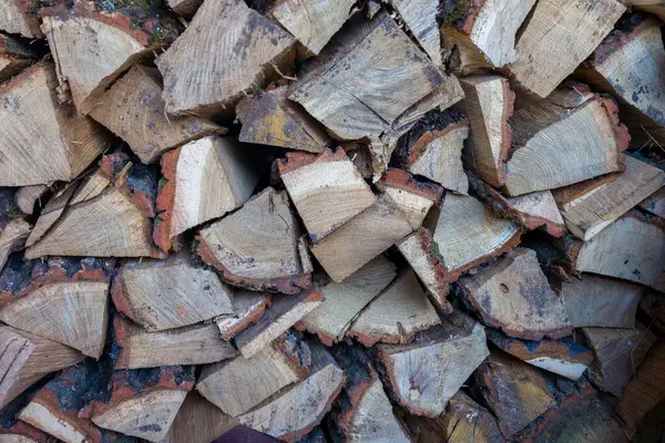Kış için düzgünce hazırlanmış odun yığını. Çeşitli boyutlarda ve ahşap renkleri görülebilir..