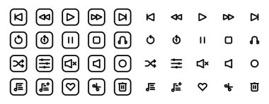 Satır biçiminde Ortam oynatıcı simgeleri kümesi. Müzik, arayüz, tasarım medya oynatıcı düğmeleri koleksiyonu. Vektör İllüstrasyonu.
