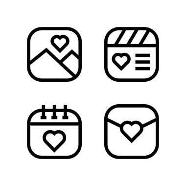 Aşk ve aşk ikonu konsepti. Satır simgesi koleksiyonu. Aşk ve romantizmle ilgili bir dizi çizgi ikonu. Vektör illüstrasyonu
