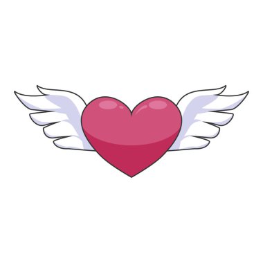 Beyaz arka planda izole edilmiş melek kanatlarıyla uçan kırmızı kalbin temsili aşk simgesi