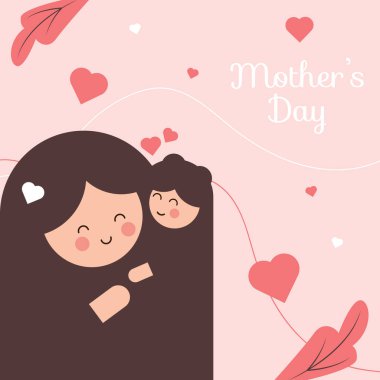 Minimalist Anneler Günü tasarımı, tropikal yapraklar ve sıcak kalp aksanları eşliğinde bir anne ve çocuğun samimi bir tasvirini içeriyor. Kestane, yumuşak pembe ve mercan hassas ve zarif bir estetik oluşturuyor.