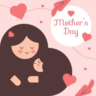 Minimalist Anneler Günü tasarımı, tropikal yapraklar ve sıcak kalp aksanları eşliğinde bir anne ve çocuğun samimi bir tasvirini içeriyor. Kestane, yumuşak pembe ve mercan hassas ve zarif bir estetik oluşturuyor.