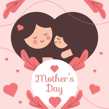 Minimalist Anneler Günü tasarımı, tropikal yapraklar ve sıcak kalp aksanları eşliğinde bir anne ve çocuğun samimi bir tasvirini içeriyor. Kestane, yumuşak pembe ve mercan hassas ve zarif bir estetik oluşturuyor.