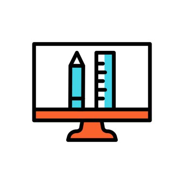 Monitör simgesinde kalem ve cetvel, web basit illüstrasyonu