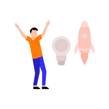 Boy looking at startup rocket.