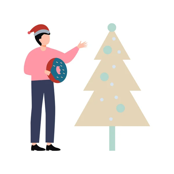 Ein Junge Mit Einem Donut Steht Weihnachtsbaum — Stockvektor