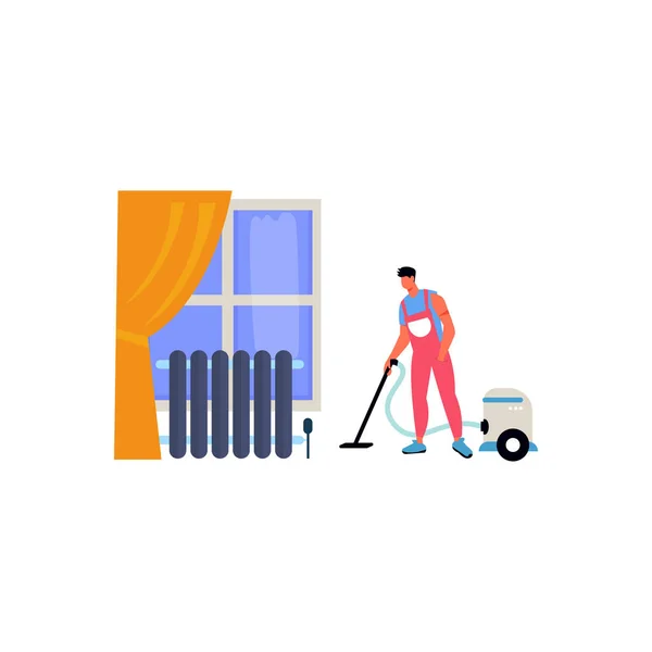 stock vector The boy is cleaning the floor with a vacuum cleaner.