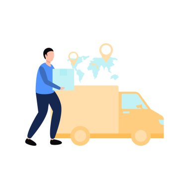 Bir çocuk elinde bir paketle bir teslimat kamyonunun yanında duruyor..