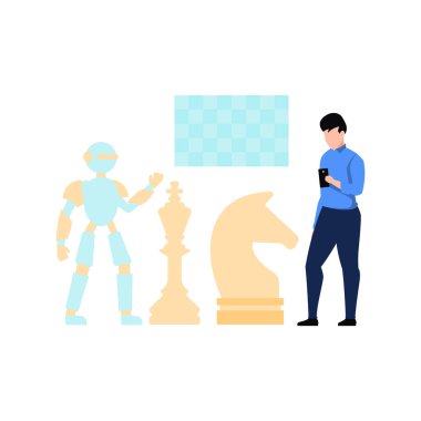 Bir çocuk bir robotla satranç oynuyor..