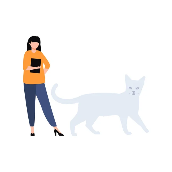 stock vector The girl is standing next to the cat holding the tab.