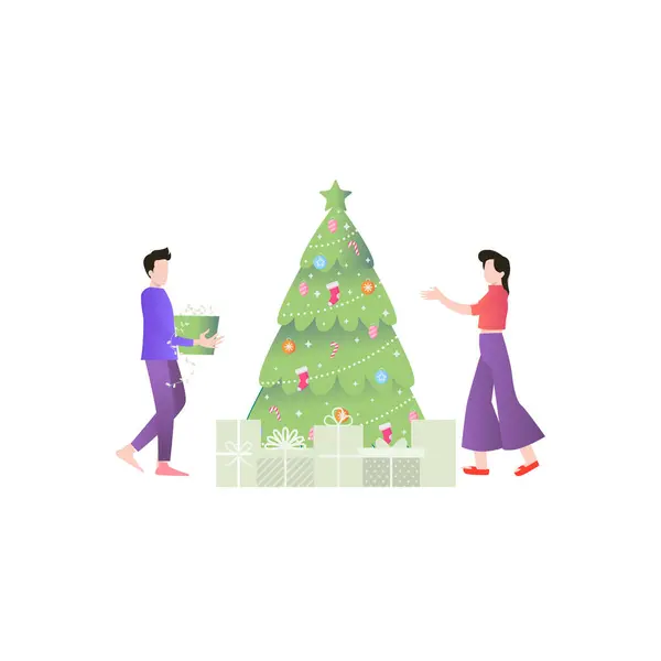 Junge Und Mädchen Schauen Auf Weihnachtsbaum — Stockvektor