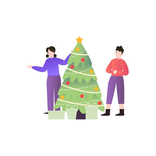 Ein Junge Und Ein Mädchen Stehen Weihnachtsbaum — Stockvektor
