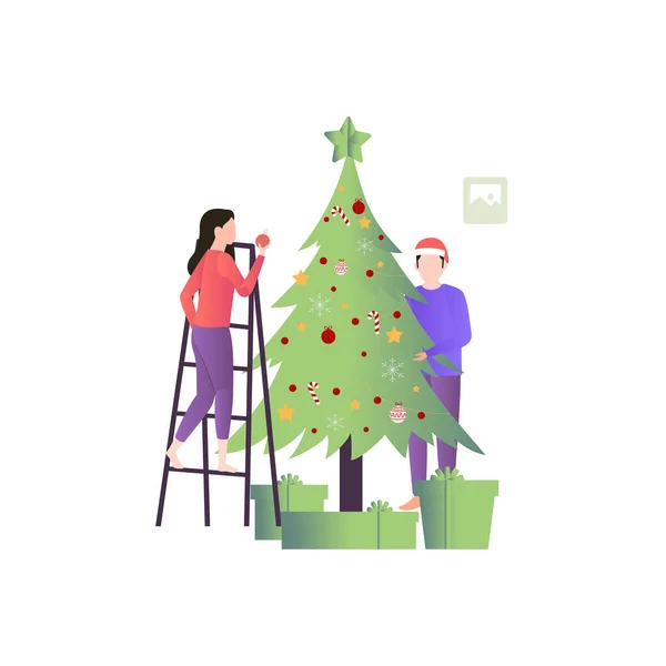 Ein Junge Und Ein Mädchen Schmücken Einen Weihnachtsbaum — Stockvektor