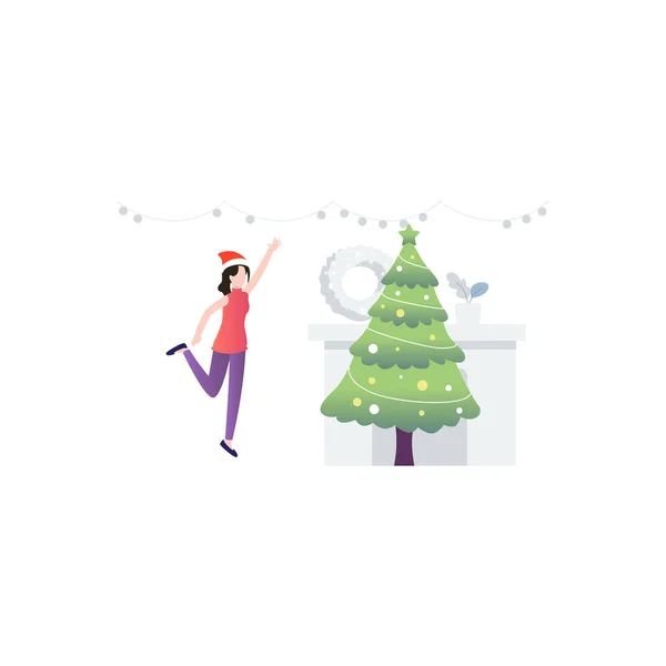 Das Mädchen Steht Neben Dem Weihnachtsbaum — Stockvektor